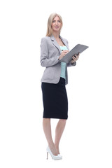 Executive business woman with clipboard .isolated on white