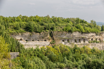 Fototapeta na wymiar Wall of limestone rock and caves in a nature reserve of Sint-Pietersberg or Mount Saint Peter (the Dutch canyon) with green plants and trees in Maastricht south Limburg in the Netherlands
