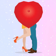 Lovers under an umbrella. Heart shaped umbrella. Vector art