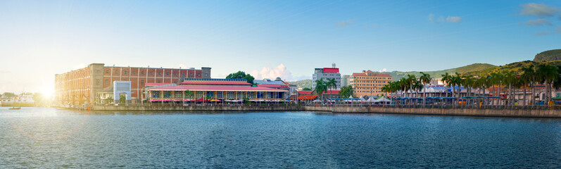 Fototapeta na wymiar Mauritius. View of the Port Louis promenade from the sea, panorama..