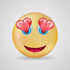 Emoticon vector falling in love isolated on white background. Chat sticker for passionate messages. Cute comic face character to show off fondness in a sweet way. Funny 3d yellow icon with heart eyes.