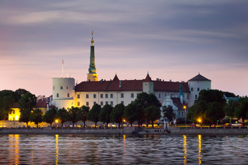 Fototapeta premium Riga, Latvia. Night view of the castle over the Daugava River