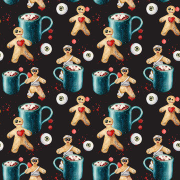 Watercolor halloween seamless pattern with cacao and cookie. Hand painted template with gingerbread monsters and eyes isolated on black background. Holiday illustration for design, print, background.