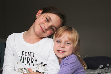 Close up Portrait of Two Beautiful Sisters, One Cute Toddler Girl , 7 Years Old Girl, Best Friends Forever, Happy  family concept, The most Beautiful Girls, Princesses 