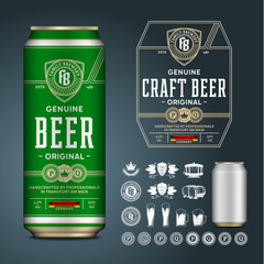 Naklejka premium Vector beer label. Aluminium can mockup. Beer icons, badges, insignia