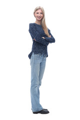 side view. modern young woman in jeans looking at camera