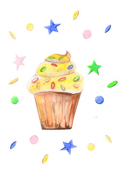 Illustration drawn by watercolor pastry cake in a basket with cream and a candle on a white isolated background