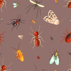 Insects Seamless Pattern with Moths, Ants, Cockroaches, Flies Vector Illustration