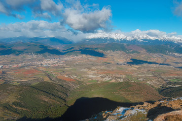 Fototapeta na wymiar Amazing view of Jaca and the Pyrenees from Peña Oroel mount, Aragon, Spain
