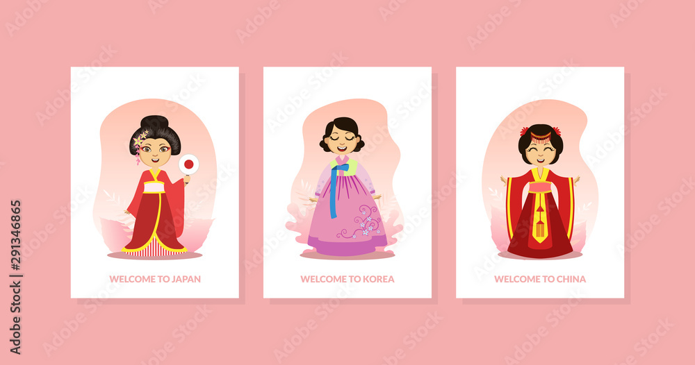 Sticker Girls in Traditional Costumes of Asian Countries, Welcome to Japan, China, Korea Vector Illustration