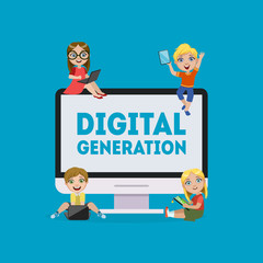 Digital Generation Banner, Kids Playing Games, Learning, Communicating with Tablet, Laptop, Smartphone Vector Illustration