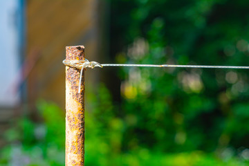 A fence post in the garden made of an old, rusty metal pipe with a rope tied to it.