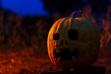 pumpkin head in the twilight is illuminated by fire