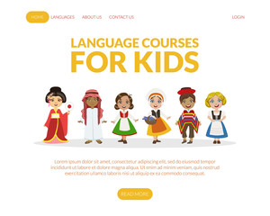 Language Courses for Kids Landing Page Template with Cute Boys and Girls in Traditional Costumes Vector Illustration