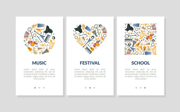 Music, Festival, School Mobile App Page Onboard Screen Set, Website or Web Page Vector Illustration