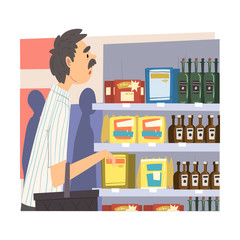 Businessman Doing Grocery Shopping with Basket at Supermarket After Work, Man in Everyday Life, Daily Routine Vector Illustration