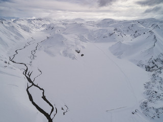 Iceland Landmannalaugar center view in winter fully white covered aerial 