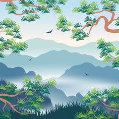 Fototapeta na wymiar Landscape with Foggy Mountains and Korean Pine Branches