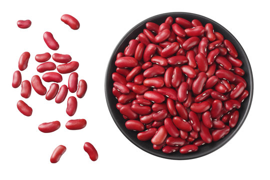 red kidney beans in black bowl isolated on white background. top view