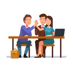 Fototapeta premium Three business persons giving triple high five