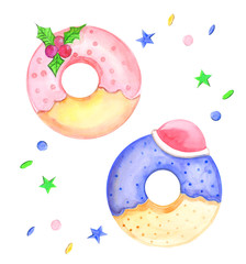Illustration painted watercolor pastry round donuts with fillings on a white isolated background