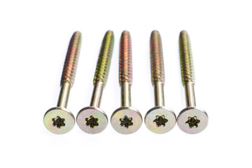 Five Torx screws in a row on white background