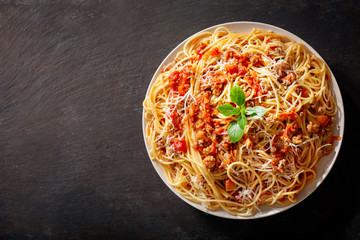 plate of pasta bolognese, top view