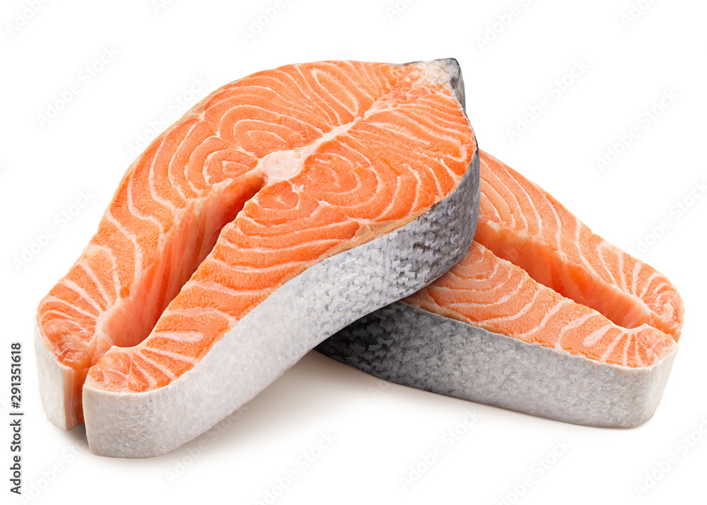 Wall mural salmon, trout, steak, slice of fresh raw fish, isolated on white background, clipping path, full depth of field