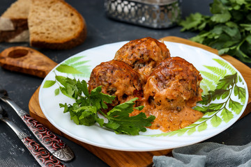 Meatballs in sour cream and tomatoes sauce in white plate against a wooden board, horizontal orientation
