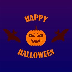 Autumn orange pumpkin Jack with sinister smile, bats and inscription Happy Halloween. Holiday flat illustration on a blue background vector