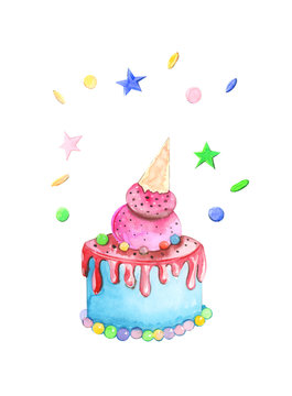 Illustration painted by watercolor confectionery multi-tiered colored festive cakes decorated with cream on a white isolated background