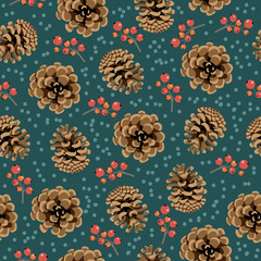 Christmas and Happy New Year seamless pattern. Endless cartoon vector with pinecone and berries.