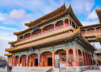Beautiful view of famous Yonghegong - Lama temple in Beijing, China. It is one of the largest Tibetan Buddhist monasteries in the world