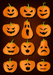 Set of halloween pumpkins of different shapes with scary faces. Vector illustration.