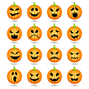Set of Halloween pumpkin icons with different emotions. Pumpkins with scary faces.  Vector illustration.