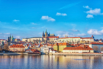 Panorama of Prague historical center - Hradcany with Castle St. Vitus Cathedral and Vltava river, Prague, Czech Republic