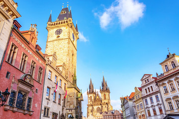 Fototapeta na wymiar Astronomical Clock Tower and the Tyn Church on the Old Town Square in Prague, Czech Republic