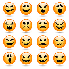 Set of Halloween pumpkin round icons with different emotions. Scary faces.  Vector illustration.