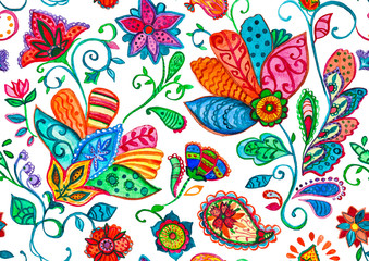 Cute watercolor seamless flower pattern. Hand drawn floral seamless pattern (tiling). Colorful seamless pattern with flowers, paisley and leaves. Perfect for textile, cover design.