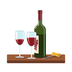 Opened red wine bottle, wine glasses and corkscrew