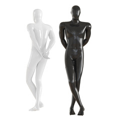 A black and white mannequin stands and holds his hands behind his back. Turned away from each other. 3D rendering on isolated background