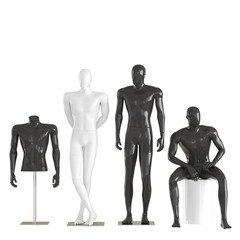 Four different mannequins in a standing and sitting pose and one mannequin torso on an iron rack. 3D rendering on isolated background