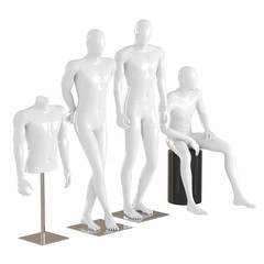 Four different white mannequins in a standing and sitting pose and one torso mannequin on an iron rack. 3D rendering on isolated background