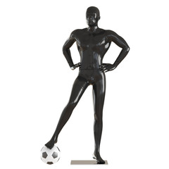 Fototapeta na wymiar A mannequin black soccer player holds his hands on his belt, and his leg stands on a soccer ball. 3D rendering on isolated background