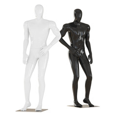Black and white mannequin stand in pose as a fashion model. 3D rendering on isolated background