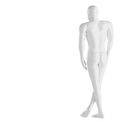 A white mannequin stands in a back-to-back position with his legs crossed. 3D rendering on isolated background