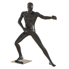 A black faceless mannequin stands in a pose as in martial arts. 3D rendering on isolated background