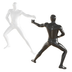 Black and white mannequin stand against each other in a pose as in martial arts. 3D rendering on isolated background