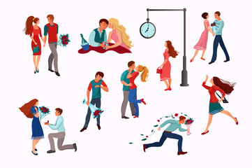 Set of women and men lovers meetings vector illustration