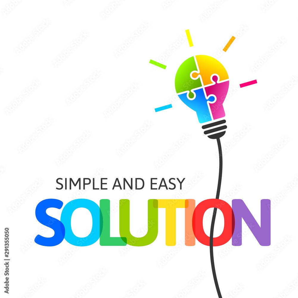 Poster simple and eassy solution concept with colorful light bulb made of puzzle and lettering